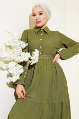 Yarım Taş Düğmeli Elbise Haki - Tesettür Elbise