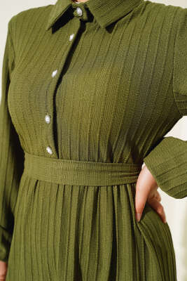 Yarım Taş Düğmeli Elbise Haki - Tesettür Elbise