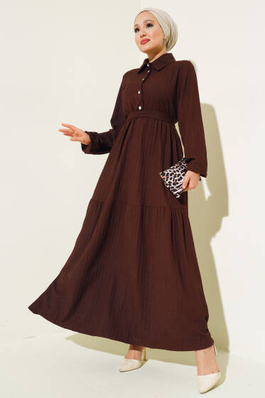 Yarım Taş Düğmeli Elbise Kahve - Elbise