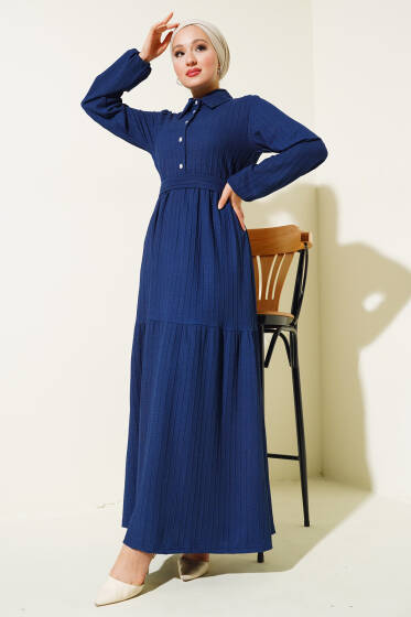Yarım Taş Düğmeli Elbise Lacivert - Elbise