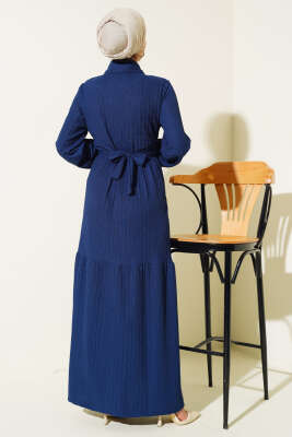 Yarım Taş Düğmeli Elbise Lacivert - Tesettür Elbise