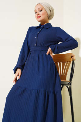 Yarım Taş Düğmeli Elbise Lacivert - Tesettür Elbise