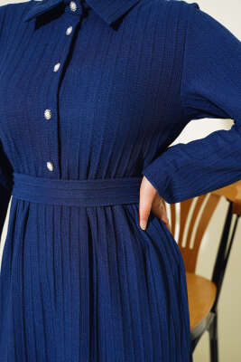 Yarım Taş Düğmeli Elbise Lacivert - Tesettür Elbise