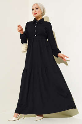 Yarım Taş Düğmeli Elbise Siyah 