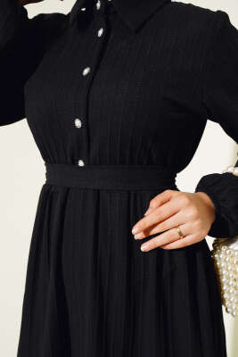 Yarım Taş Düğmeli Elbise Siyah - Tesettür Elbise