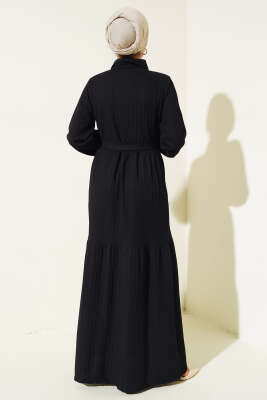 Yarım Taş Düğmeli Elbise Siyah - Tesettür Elbise