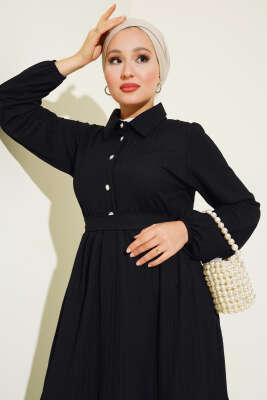 Yarım Taş Düğmeli Elbise Siyah - Tesettür Elbise
