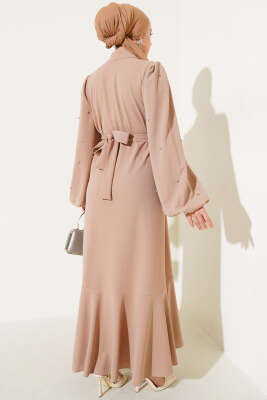 Yarım Taş Düğmeli Volanlı Elbise Bej - Tesettür Elbise