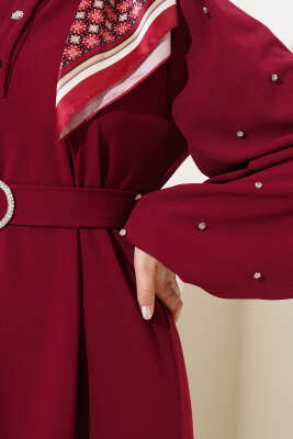 Yarım Taş Düğmeli Volanlı Elbise Bordo - Tesettür Elbise