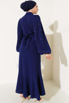 Yarım Taş Düğmeli Volanlı Elbise Lacivert - Tesettür Elbise