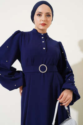 Yarım Taş Düğmeli Volanlı Elbise Lacivert - Tesettür Elbise