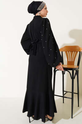 Yarım Taş Düğmeli Volanlı Elbise Siyah - Tesettür Elbise