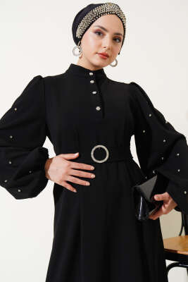 Yarım Taş Düğmeli Volanlı Elbise Siyah - Tesettür Elbise