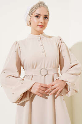 Yarım Taş Düğmeli Volanlı Elbise Taş - Tesettür Elbise