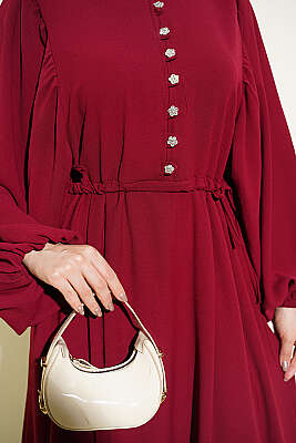 Yarım Taş Düğmeli Yan Bağcıklı Elbise Bordo - 700-1000 TL Ürünler