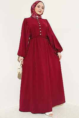 Yarım Taş Düğmeli Yan Bağcıklı Elbise Bordo - EFSUN MODA