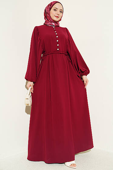 Yarım Taş Düğmeli Yan Bağcıklı Elbise Bordo - Elbise