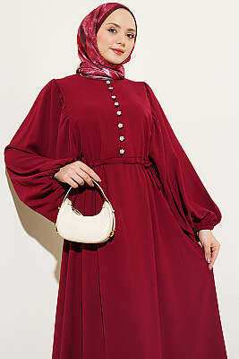 Yarım Taş Düğmeli Yan Bağcıklı Elbise Bordo - Elbise