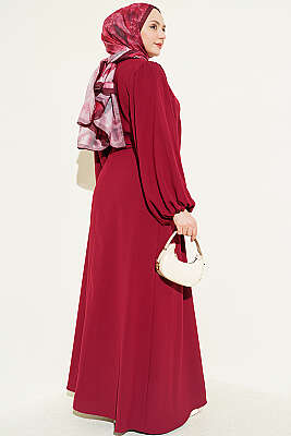 Yarım Taş Düğmeli Yan Bağcıklı Elbise Bordo - Elbise