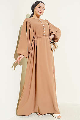 Yarım Taş Düğmeli Yan Bağcıklı Elbise Kum Bej - EFSUN MODA