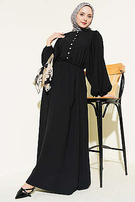 Yarım Taş Düğmeli Yan Bağcıklı Elbise Siyah - EFSUN MODA