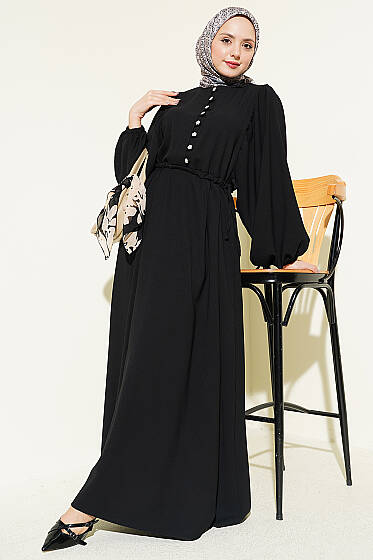 Yarım Taş Düğmeli Yan Bağcıklı Elbise Siyah - Elbise