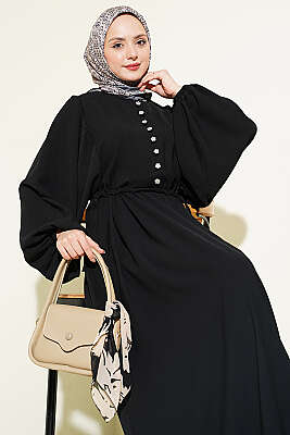 Yarım Taş Düğmeli Yan Bağcıklı Elbise Siyah - Elbise