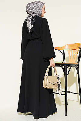 Yarım Taş Düğmeli Yan Bağcıklı Elbise Siyah - Elbise