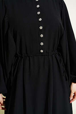 Yarım Taş Düğmeli Yan Bağcıklı Elbise Siyah - Elbise