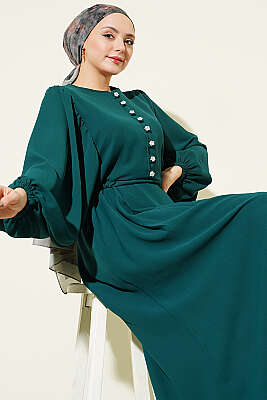 Yarım Taş Düğmeli Yan Bağcıklı Elbise Zümrüt - EFSUN MODA
