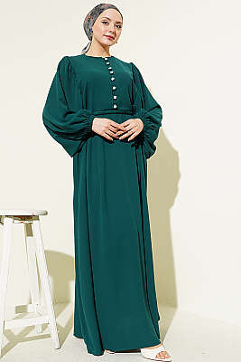 Yarım Taş Düğmeli Yan Bağcıklı Elbise Zümrüt - Elbise