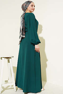 Yarım Taş Düğmeli Yan Bağcıklı Elbise Zümrüt - Elbise