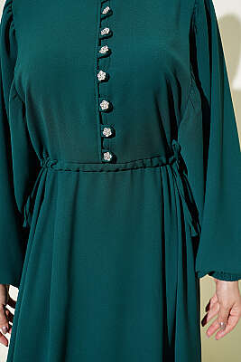 Yarım Taş Düğmeli Yan Bağcıklı Elbise Zümrüt - Elbise