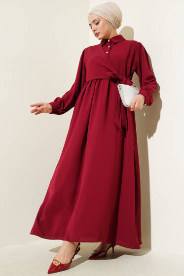 Yarım Taş Düğmeli Yandan Bağlamalı Elbise Bordo - Elbise