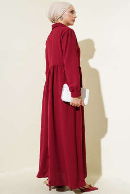 Yarım Taş Düğmeli Yandan Bağlamalı Elbise Bordo - Tesettür Elbise