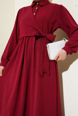 Yarım Taş Düğmeli Yandan Bağlamalı Elbise Bordo - Tesettür Elbise