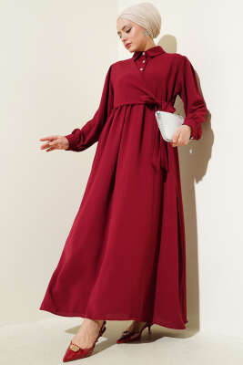 Yarım Taş Düğmeli Yandan Bağlamalı Elbise Bordo - Tesettür Elbise