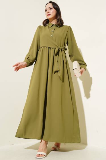 Yarım Taş Düğmeli Yandan Bağlamalı Elbise Çağla Yeşili - Elbise