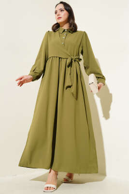Yarım Taş Düğmeli Yandan Bağlamalı Elbise Çağla Yeşili 