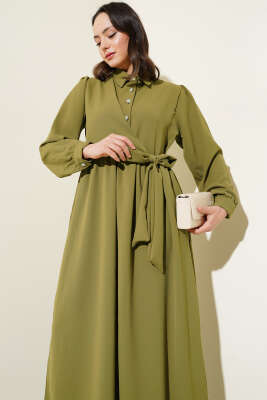 Yarım Taş Düğmeli Yandan Bağlamalı Elbise Çağla Yeşili - Tesettür Elbise