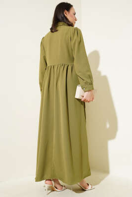 Yarım Taş Düğmeli Yandan Bağlamalı Elbise Çağla Yeşili - Tesettür Elbise