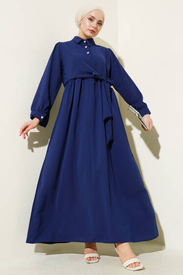 Yarım Taş Düğmeli Yandan Bağlamalı Elbise Lacivert - Elbise