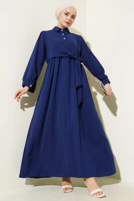 Yarım Taş Düğmeli Yandan Bağlamalı Elbise Lacivert 