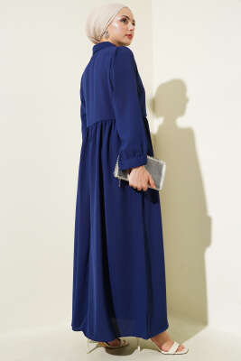 Yarım Taş Düğmeli Yandan Bağlamalı Elbise Lacivert - Tesettür Elbise