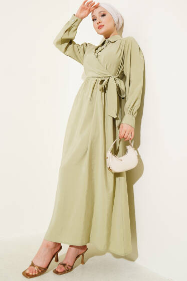 Yarım Taş Düğmeli Yandan Bağlamalı Elbise Pers Yeşili - Elbise