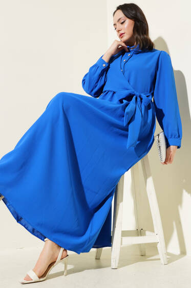 Yarım Taş Düğmeli Yandan Bağlamalı Elbise Saks - Elbise