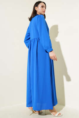 Yarım Taş Düğmeli Yandan Bağlamalı Elbise Saks - Tesettür Elbise