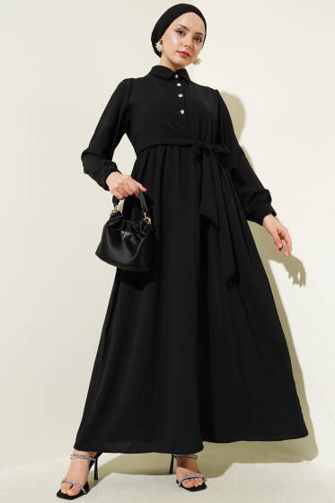 Yarım Taş Düğmeli Yandan Bağlamalı Elbise Siyah - Elbise