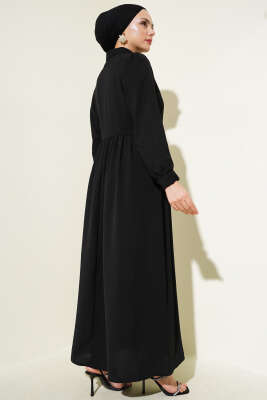 Yarım Taş Düğmeli Yandan Bağlamalı Elbise Siyah - Tesettür Elbise