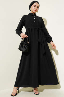 Yarım Taş Düğmeli Yandan Bağlamalı Elbise Siyah 